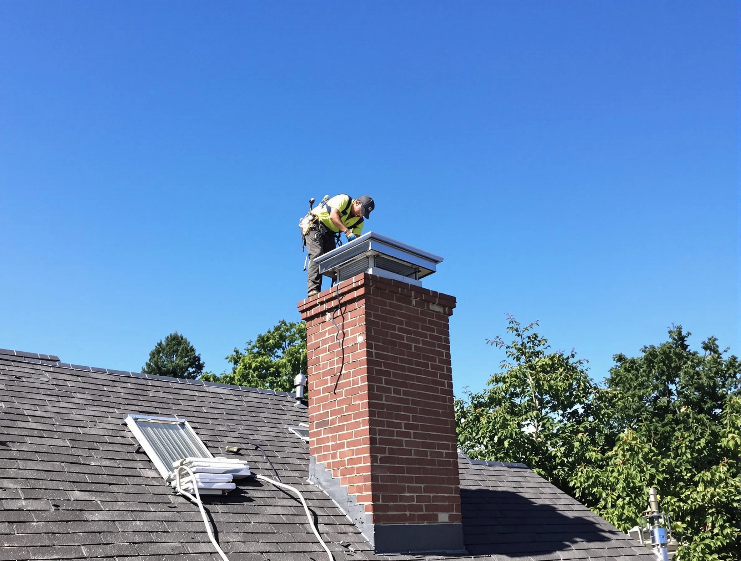 Edgewater Chimney Sweep technician measuring a chimney cap in Edgewater, CO