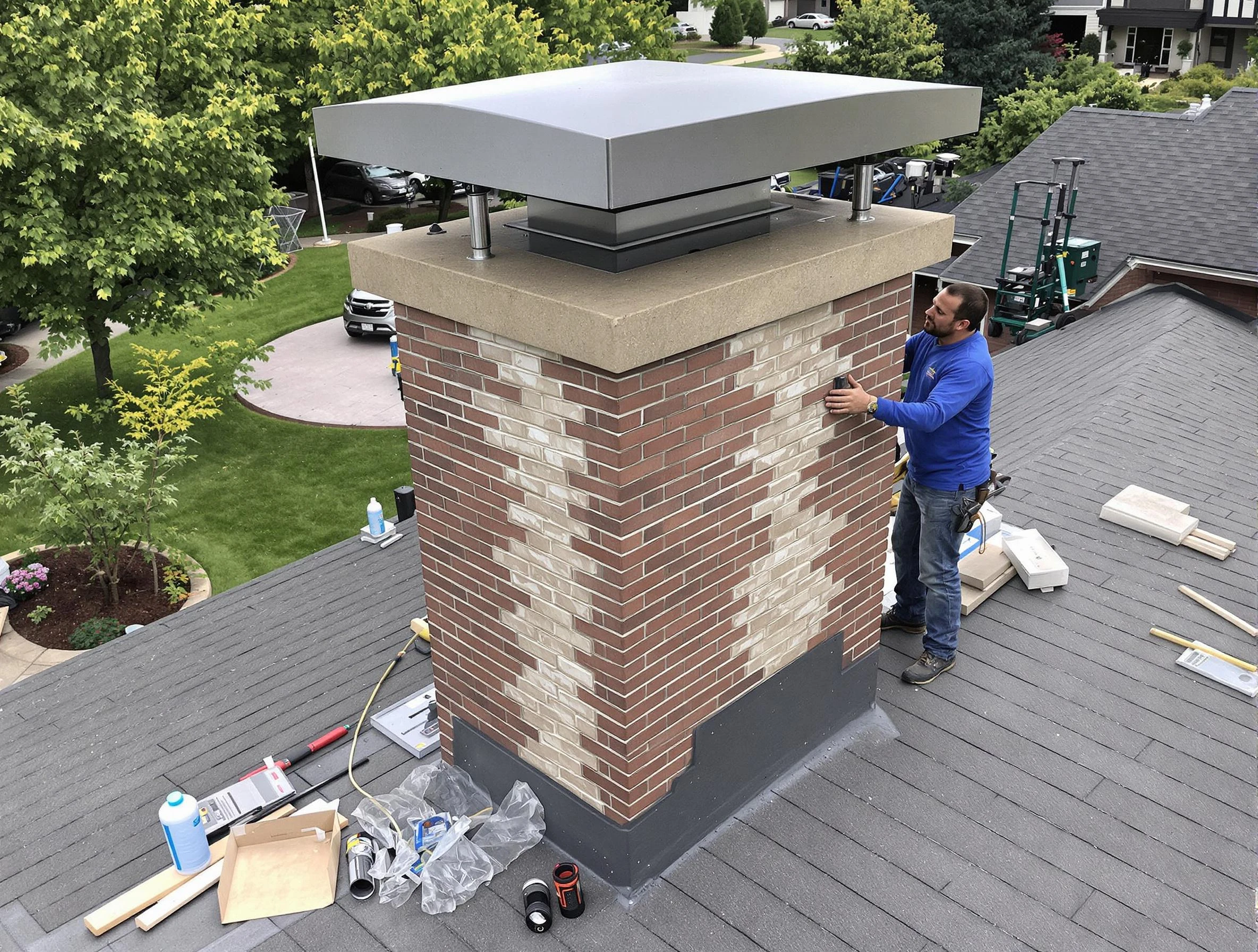 Edgewater Chimney Sweep team working on a custom chimney remodel in Edgewater, CO